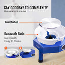 Blue ceramic turntable with a removable white basin, designed for easy cleaning and splash-free use.