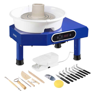 Blue electric pottery wheel with accessories, including sculpting tools and pedal, perfect for ceramic crafting.