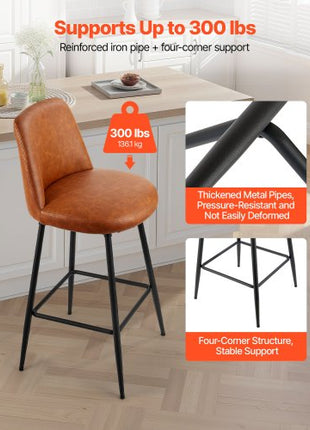 Bar Stool Set of 3, 27 inch Counter Height Swivel Stools, Modern PU Leather Counter Barstool with Backrest and Metal Legs, Armless Bar Chair, Island Barstool for Kitchen, Dining Room, Brown