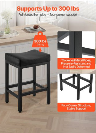 Bar Stool Set of 2, PU Leather Counter Height Stools, 25 inch Barstool with Saddle-Seat and Metal Legs, Easy Assembly Backless Bar Chair, Island Barstools for Kitchen, Dining Room, Cafe, Black