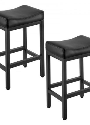 Bar Stool Set of 2, PU Leather Counter Height Stools, 25 inch Barstool with Saddle-Seat and Metal Legs, Easy Assembly Backless Bar Chair, Island Barstools for Kitchen, Dining Room, Cafe, Black