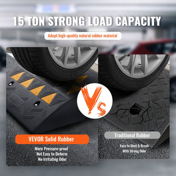 VEVOR solid rubber curb ramp, 15-ton capacity, black with yellow stripes, durable, pressure-proof, and odor-free.
