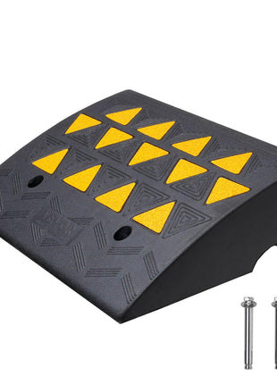 Black rubber curb ramp with yellow traction patterns, designed for vehicle access, includes two mounting bolts.