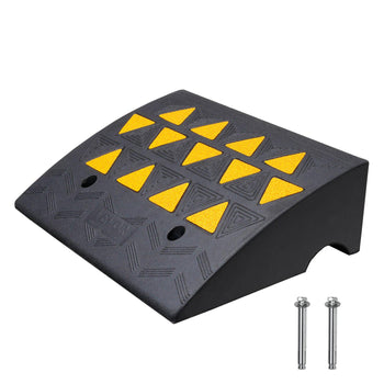 Black rubber curb ramp with yellow traction patterns, designed for vehicle access, includes two mounting bolts.