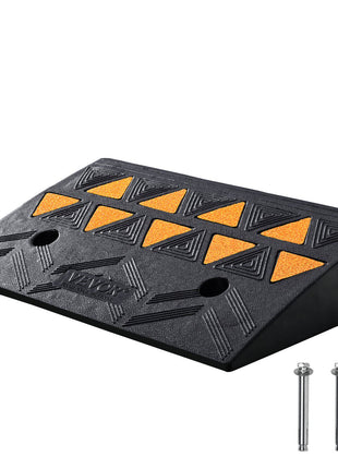 Black rubber car ramp with orange traction strips for enhanced grip, ideal for vehicles and heavy equipment.