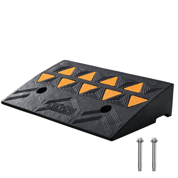 Black rubber car ramp with orange traction strips for enhanced grip, ideal for vehicles and heavy equipment.