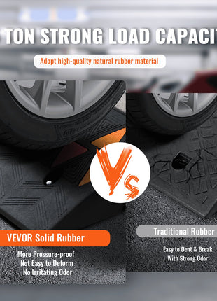 Heavy-duty black rubber wheel chock with 15-ton load capacity, pressure-proof design, ideal for vehicles.