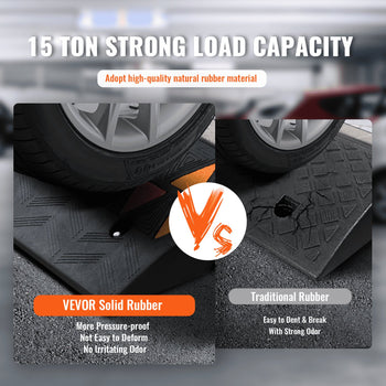 Heavy-duty black rubber wheel chock with 15-ton load capacity, pressure-proof design, ideal for vehicles.