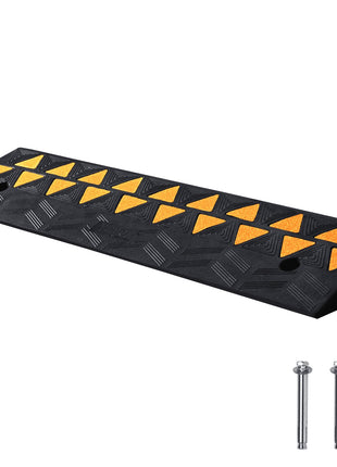 Black rubber parking curb with yellow reflective markers, featuring a textured surface for grip and stability.