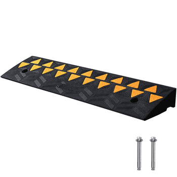Black rubber parking curb with yellow reflective markers, featuring a textured surface for grip and stability.