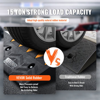 15-ton capacity rubber car ramp, durable natural black rubber, non-deforming design, odor-free, ideal for vehicles.