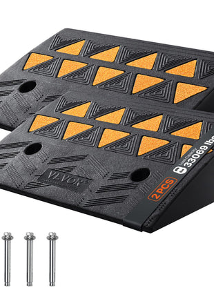 Black rubber car ramps with orange traction strips, supporting up to 3,300 lbs, ideal for vehicle maintenance and repairs.