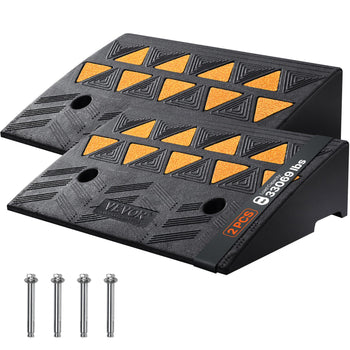 Black rubber car ramps with orange traction strips, supporting up to 3,300 lbs, ideal for vehicle maintenance and repairs.