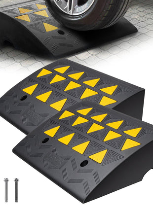 Heavy-duty black rubber car ramp with bright yellow safety stripes, perfect for low-clearance vehicles.
