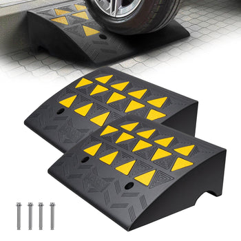 Heavy-duty black rubber car ramp with bright yellow safety stripes, perfect for low-clearance vehicles.