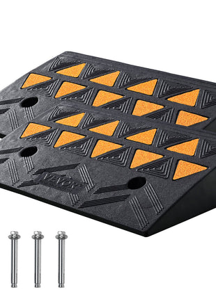Black rubber wheel chocks with orange traction pads; ideal for stabilizing vehicles. Set includes screws for secure placement.