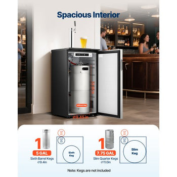 Beer Kegerator, Single Tap Commercial Draft Beer Dispenser for D system, Refrigerator With Shelves, Hold 1 Sixth Keg, 2.5lbs CO2 Tank, 92L