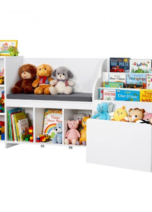 Kids Reading Nook, Wooden Storage Bench with Backrest, Kids Bookshelf & Toy Organizer, Large Toy Box Chest for Playroom, Living Room or Entryway, Easy Assembly, 66.9 x 15.8 x 31.5 in, White