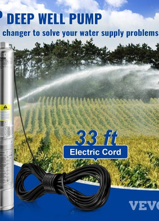 Deep Well Submersible Pump, 3HP/2200W 230V/60Hz, 37GPM Flow 640 ft Head, with 33 ft Electric Cord, 4 inch Stainless Steel Water Pumps for Industrial, Irrigation & Home Use, IP68 Waterproof Grade