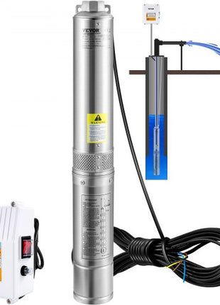 Deep Well Submersible Pump, 3HP 230V/60Hz, 37GPM 640 ft Head, with 33 ft Cord & External Control Box, 4 inch Stainless Steel Water Pumps for Industrial, Irrigation and Home Use, IP68 Waterproof