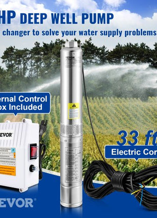Deep Well Submersible Pump, 1.5HP 115V/60Hz, 37gpm 276ft Head, with 33ft Cord & External Control Box, 4\" Stainless Steel Water Pump for Industrial, Irrigation and Home Use, IP68 Waterproof