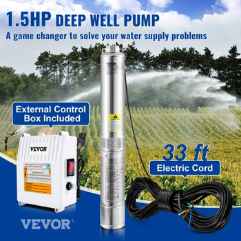 Deep Well Submersible Pump, 1.5HP 115V/60Hz, 37gpm 276ft Head, with 33ft Cord & External Control Box, 4\" Stainless Steel Water Pump for Industrial, Irrigation and Home Use, IP68 Waterproof