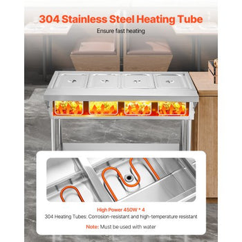 4-Pan Commercial Food Warmer, Electric Steam Table with Independent Temperature Control, 450W x 4 Stainless Steel Buffet Catering Food Warmer with Undershelf and Workspace, for Restaurant