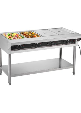 4-Pan Commercial Food Warmer, Electric Steam Table with Independent Temperature Control, 450W x 4 Stainless Steel Buffet Catering Food Warmer with Undershelf and Workspace, for Restaurant