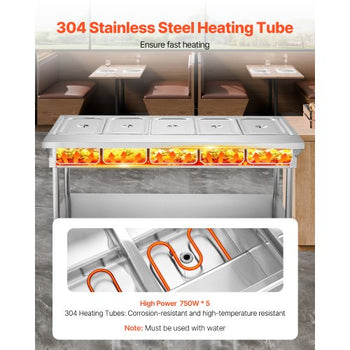 5-Pan Commercial Food Warmer, Electric Steam Table with Independent Temperature Control, 750W x 5 Stainless Steel Buffet Catering Food Warmer with Undershelf and Workspace, for Restaurant