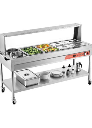 Commercial Electric Food Warmer, 7 Pans + 2 Pots Steam Table, 1800W Professional Buffet Catering Food Warmer with Shield Undershelf Wheels, Stainless Steel Server for Party Restaurant
