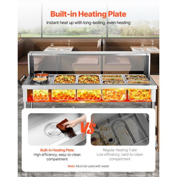 Commercial Food Warmer, 8 Pans + 2 Pots Electric Steam Table, 1800W Professional Buffet Catering Food Warmer with Shield Undershelf Wheels, Stainless Steel Server for Party Restaurant