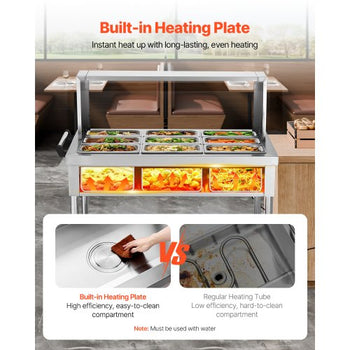 9-Pan Commercial Food Warmer, 9 x 1/3 Pans Electric Steam Table, 1500W Professional Buffet Catering Food Warmer with Shield Undershelf Wheels, Stainless Steel Server for Party Restaurant