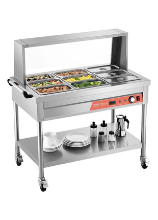 9-Pan Commercial Food Warmer, 9 x 1/3 Pans Electric Steam Table, 1500W Professional Buffet Catering Food Warmer with Shield Undershelf Wheels, Stainless Steel Server for Party Restaurant