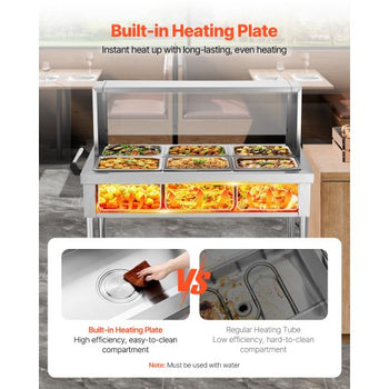 6-Pan Commercial Food Warmer, 6 x 1/2 Pans Electric Steam Table, 1500W Professional Buffet Catering Food Warmer with Shield Undershelf Wheels, Stainless Steel Server for Party Restaurant