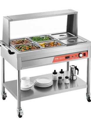 6-Pan Commercial Food Warmer, 6 x 1/2 Pans Electric Steam Table, 1500W Professional Buffet Catering Food Warmer with Shield Undershelf Wheels, Stainless Steel Server for Party Restaurant