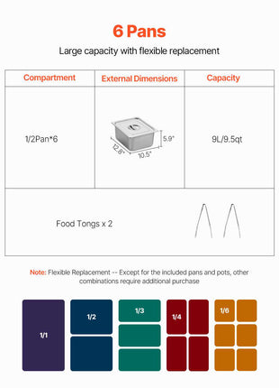 6-Pan Commercial Food Warmer, 6 x 1/2 Pans Electric Steam Table, 1500W Professional Buffet Catering Food Warmer with Shield Undershelf Wheels, Stainless Steel Server for Party Restaurant