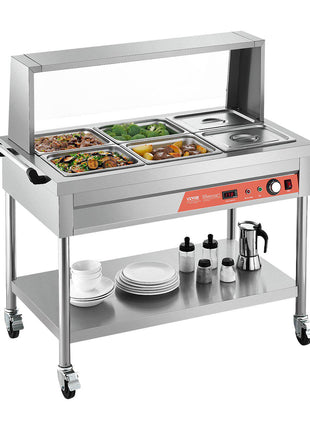 6-Pan Commercial Food Warmer, 6 x 1/2 Pans Electric Steam Table, 1500W Professional Buffet Catering Food Warmer with Shield Undershelf Wheels, Stainless Steel Server for Party Restaurant
