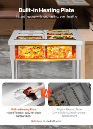 6-Pan Commercial Food Warmer, 6 x 1/3 Pans Electric Steam Table, 1500W Professional Buffet Catering Food Warmer with Undershelf, Stainless Steel Server for Restaurant Party Hotel