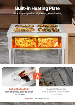 4-Pan Commercial Food Warmer, 4 x 1/2 Pans Electric Steam Table, 1500W Professional Buffet Catering Food Warmer with Undershelf, Stainless Steel Server for Restaurant Party Hotel