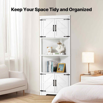 68" Tall Corner Storage Cabinet, 6 Tiers Farmhouse Storage Cabinet with 4 Wooden Doors & Adjustable Shelves, Freestanding Corner Kitchen Cabinet for Living Room, Kitchen, Laundry Room, White