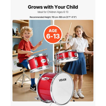 Kids Drum Set, 3-Piece 14 in Junior Drum Sets, Beginner Drums Set with Adjustable Throne, Cymbal & Two Pairs of Drumsticks, Musical Learning Drums Instruments Kit, for Children Ages 6-13 (Red)