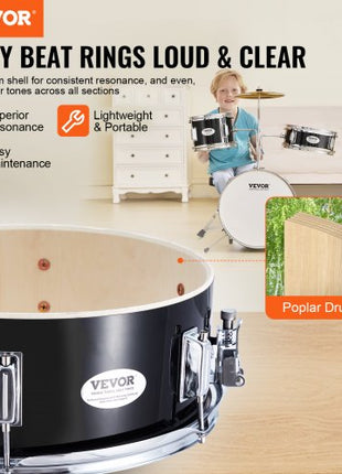 Kids Drum Set, 3-Piece, 14 in Beginner Drum Set with Adjustable Throne Cymbal Pedal Two Pairs of Drumsticks, 8'' Tom Drum 10'' Snare Drum 14'' Bass Drum, Starter Drum Kit for Child Kids, Black