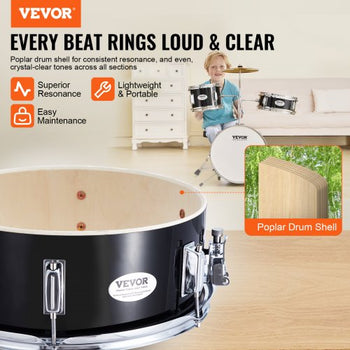 Kids Drum Set, 3-Piece, 14 in Beginner Drum Set with Adjustable Throne Cymbal Pedal Two Pairs of Drumsticks, 8'' Tom Drum 10'' Snare Drum 14'' Bass Drum, Starter Drum Kit for Child Kids, Black
