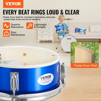 Kids Drum Set, 3-Piece, 14 in Beginner Drum Set with Adjustable Throne Cymbal Pedal Two Pairs of Drumsticks, 8'' Tom Drum 10'' Snare Drum 14'' Bass Drum, Starter Drum Kit for Child Kids, Blue