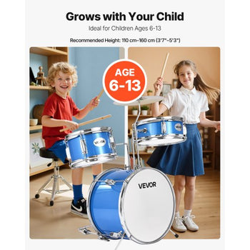 Kids Drum Set, 3-Piece 14 in Junior Drum Sets, Beginner Drums Set with Adjustable Throne, Cymbal & Two Pairs of Drumsticks, Musical Learning Drums Instruments Kit, for Children Ages 6-13 (Blue)