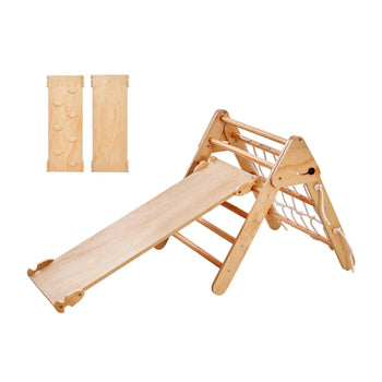 Pikler Triangle Set, 4 in 1 Toddler Climbing Toys Indoor Playground, Large Size Wooden Climbing Gym for Toddlers 1-3 Years, Montessori Climbing Set with Triangle and Ramp, Wood Color
