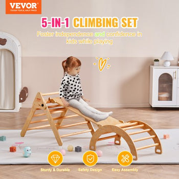 Pikler Triangle Set, 5 in 1 Toddler Climbing Toys Indoor Playground, Ramp, and Arch, Montessori Climbing Set with Triangle, Large Size Wooden Climbing Gym for Toddlers 1-3 Years, Wood Color