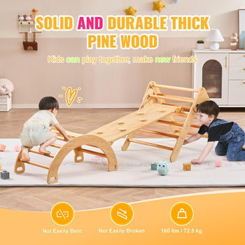 Pikler Triangle Set, 5 in 1 Toddler Climbing Toys Indoor Playground, Ramp, and Arch, Montessori Climbing Set with Triangle, Large Size Wooden Climbing Gym for Toddlers 1-3 Years, Wood Color