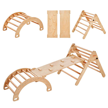 Pikler Triangle Set, 5 in 1 Toddler Climbing Toys Indoor Playground, Ramp, and Arch, Montessori Climbing Set with Triangle, Large Size Wooden Climbing Gym for Toddlers 1-3 Years, Wood Color