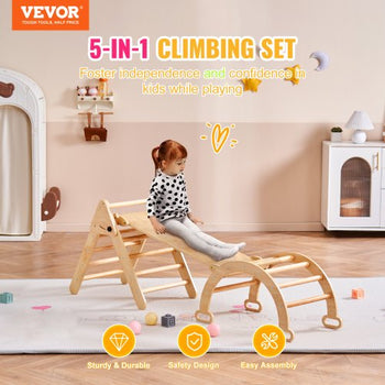 Pikler Triangle Set, 5 in 1 Toddler Climbing Toys Indoor Playground, Ramp, and Arch, Montessori Climbing Set with Triangle, Medium Size Wooden Climbing Gym for Toddlers 1-3 Years, Wood Color